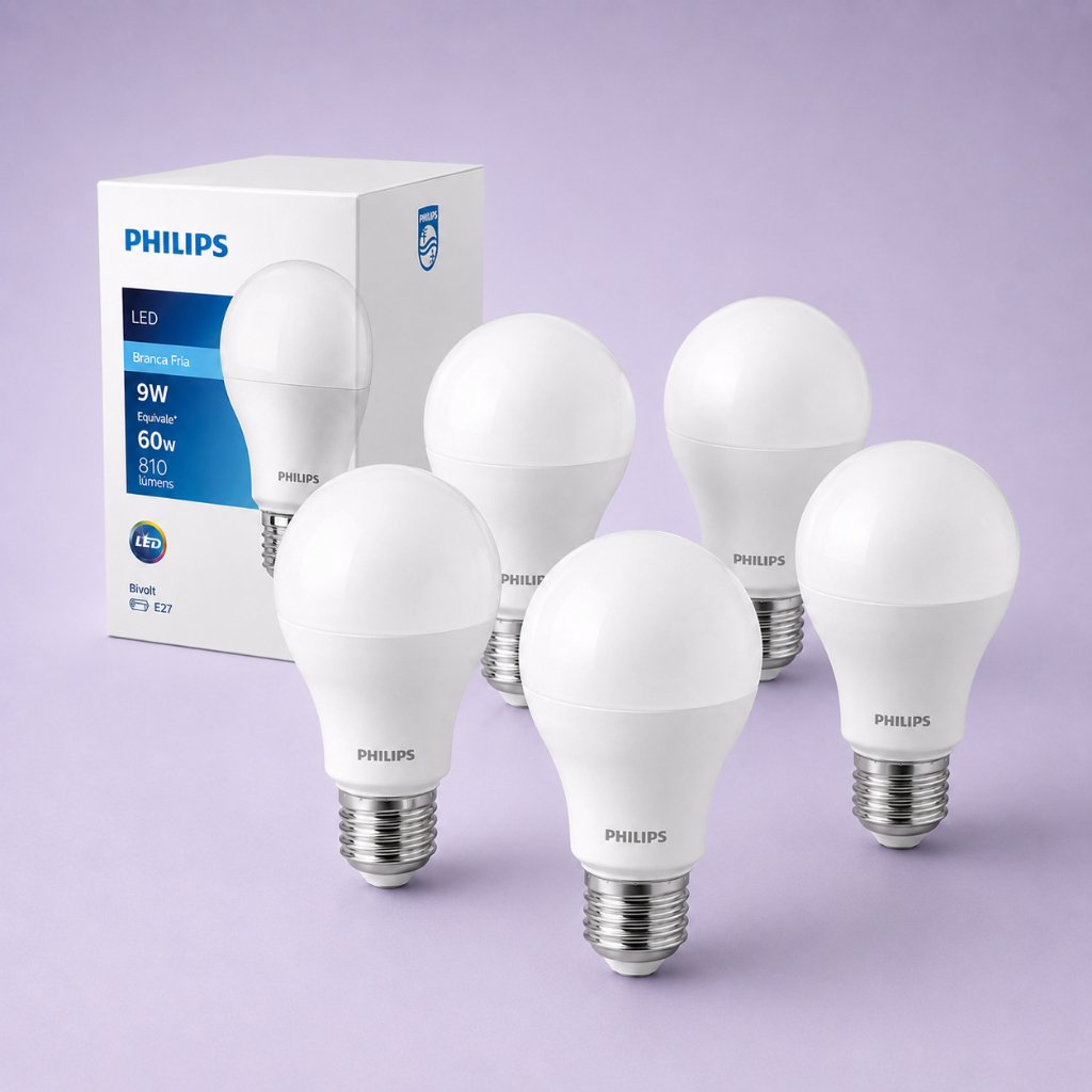 5 Lâmpada LED Philips Bulbo 60W 810 Lumens Branca Fria 85% De Economia,100-240V Consome 9W 6500K