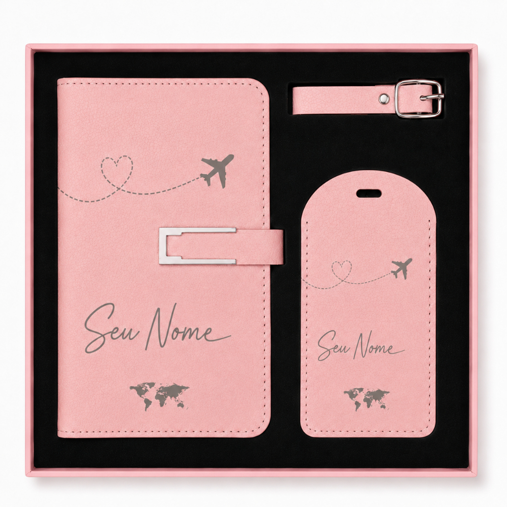 Imagem Kit Viagem Personalizado com Nome + Arte Porta Passaporte + Tag Mala e Caixa Presente Identificação Bagagem