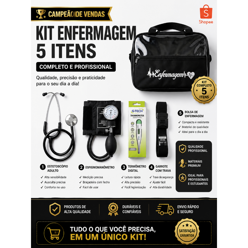 Kit Enfermagem Profissional Preto (5 Itens) Esfigmomanômetro +Estetoscópio + Bolsa Enfermagem + Termômetro + Garrote