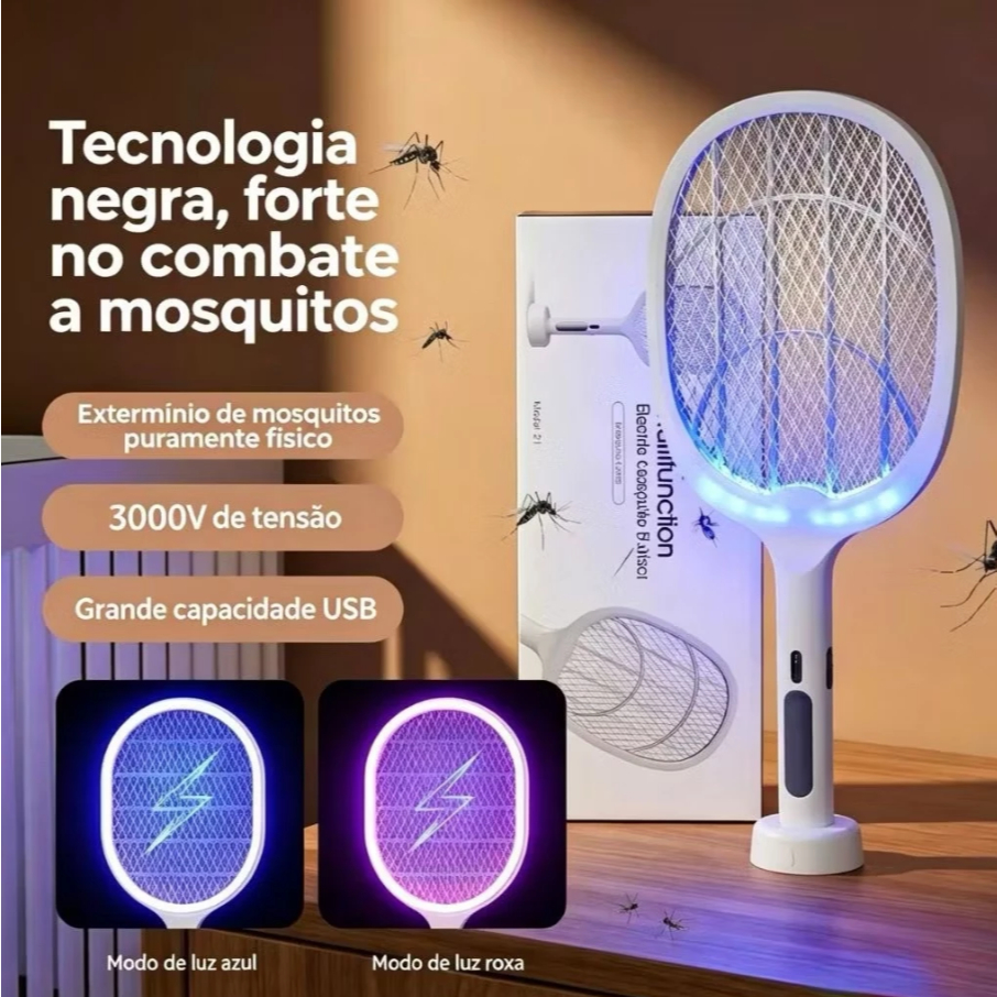 Raquete Elétrica Armadilha Mata Mosquito Mosca Com Luz UV E Base Recarregável De Apoio Bivolt
