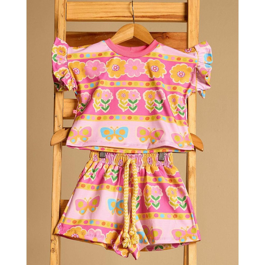 Conjunto Infantil Feminino Blusa Manga Babado + Short Estampado Floral e Frutinhas