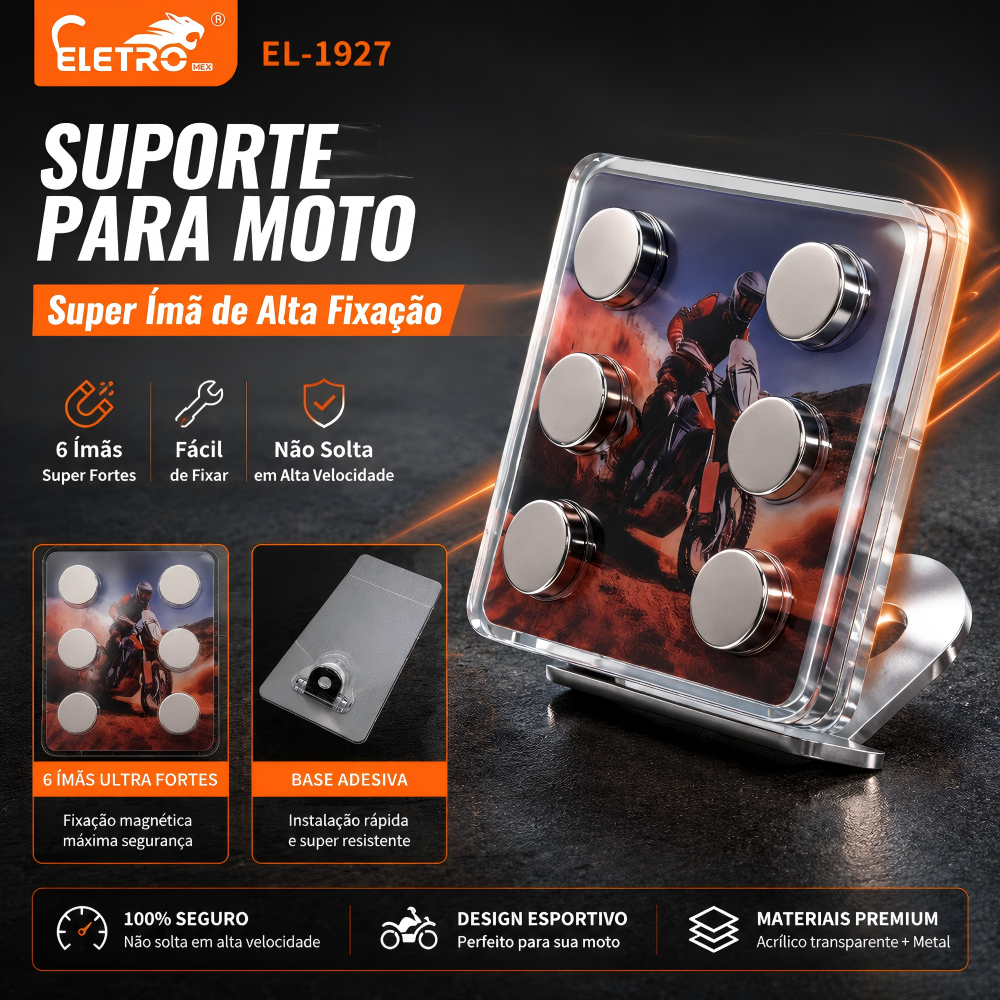 Eletromex Suporte Celular Magnético 6 Imãs Para Moto Amortecimento Anti‑Vibração Universal Guidão Moto e Bicicleta