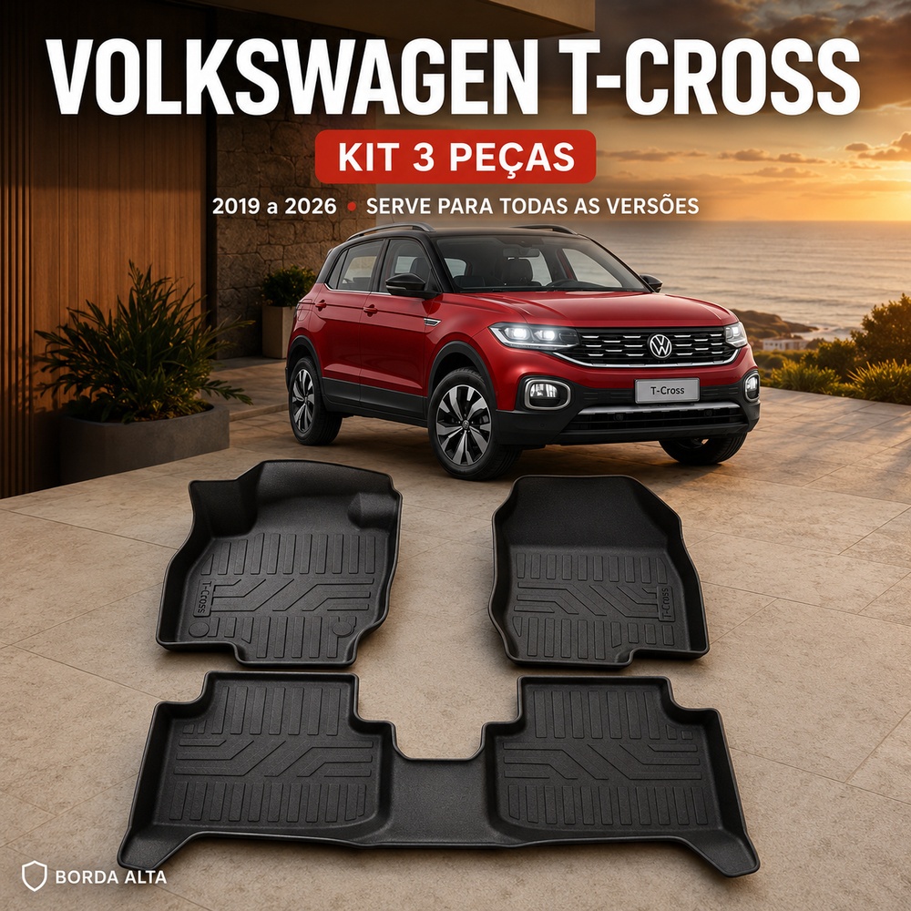 Jogo De Tapetes Com 3 Peças Premium Bandeja Borda Alta De Borracha Tpe 3D Para T-Cross 2019 - 2026