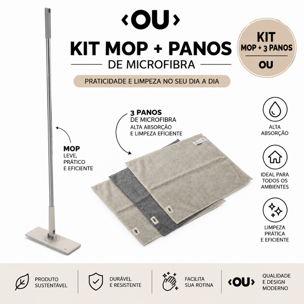 Kit Mop Clip e 3 Panos de Microfibra Linha Flow Ou