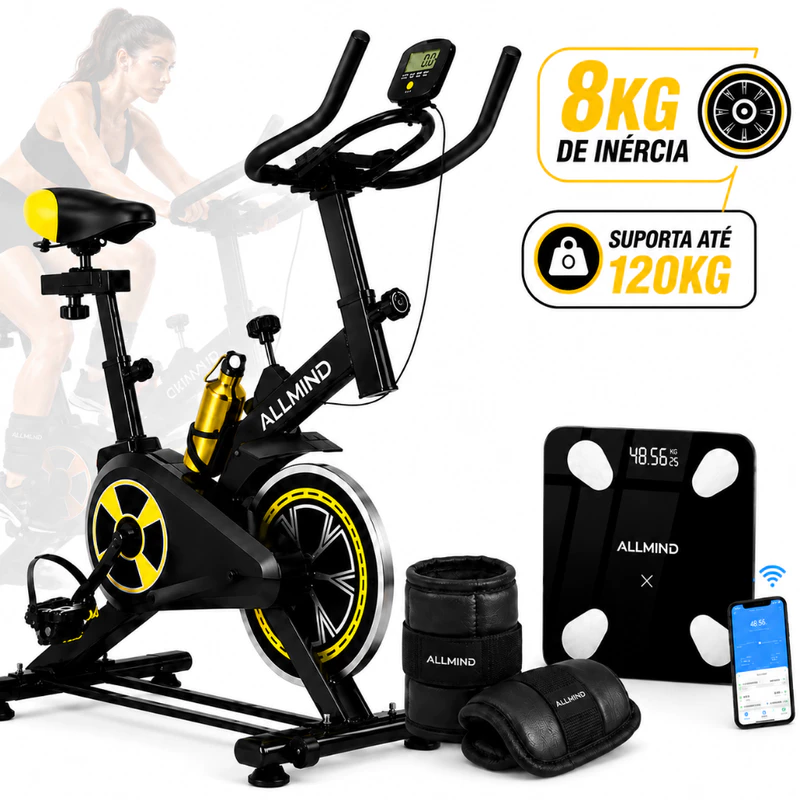 Bicicleta Ergométrica Profissional Spinning 8kg com Balança e Caneleira