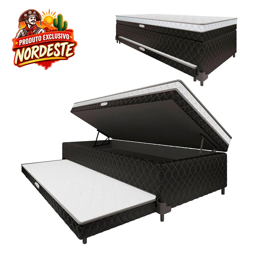 Cama Box Baú com Colchão de Espuma Acoplado e Auxiliar de Espuma Copenhague Solteiro 88cm