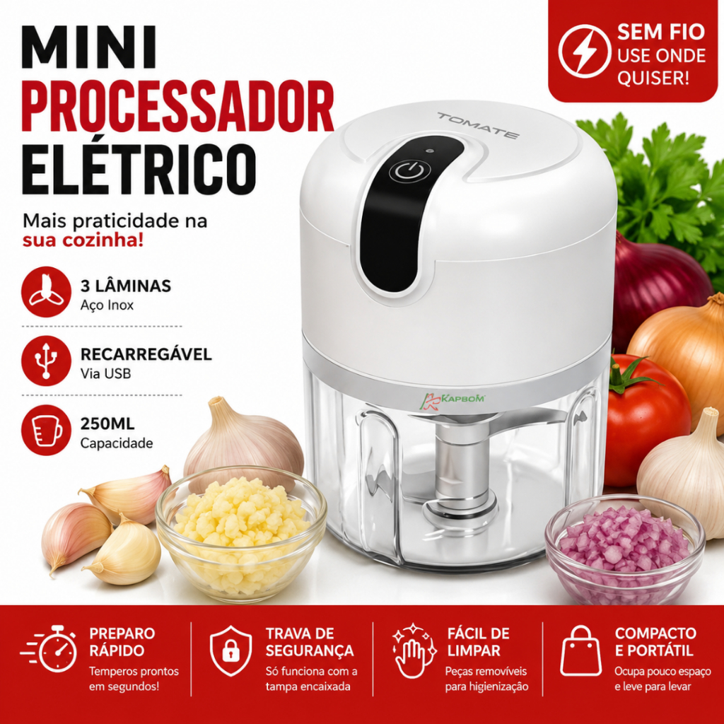 Mini Processador Elétrico Alho Cebola 250ml 3 Lâminas USB