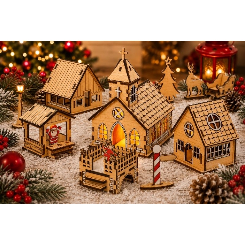 Vila Natalina em MDF – Casinhas de Natal Decorativas | Cru ou Branco | Com ou Sem Pisca-Pisca LED Natal