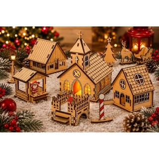 Vila Natalina em MDF – Casinhas de Natal Decorativas | Cru ou Branco | Com ou Sem Pisca-Pisca LED Natal