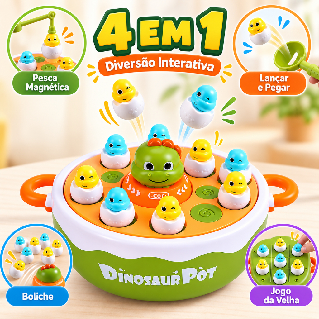 Jogo Infantil 4 em 1 Dinossauro Pesca Magnética Boliche Lançamento Jogo da Velha Brinquedo Interativo