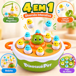 Jogo Infantil 4 em 1 Dinossauro Pesca Magnética Boliche Lançamento Jogo da Velha Brinquedo Interativo