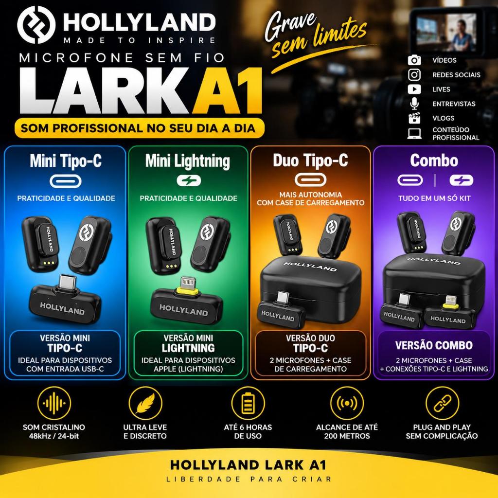 Microfone de Lapela sem fio Hollyland Lark A1 Versão Combo | Duo Usb Tipo-C | Mini Duo Tipo-C