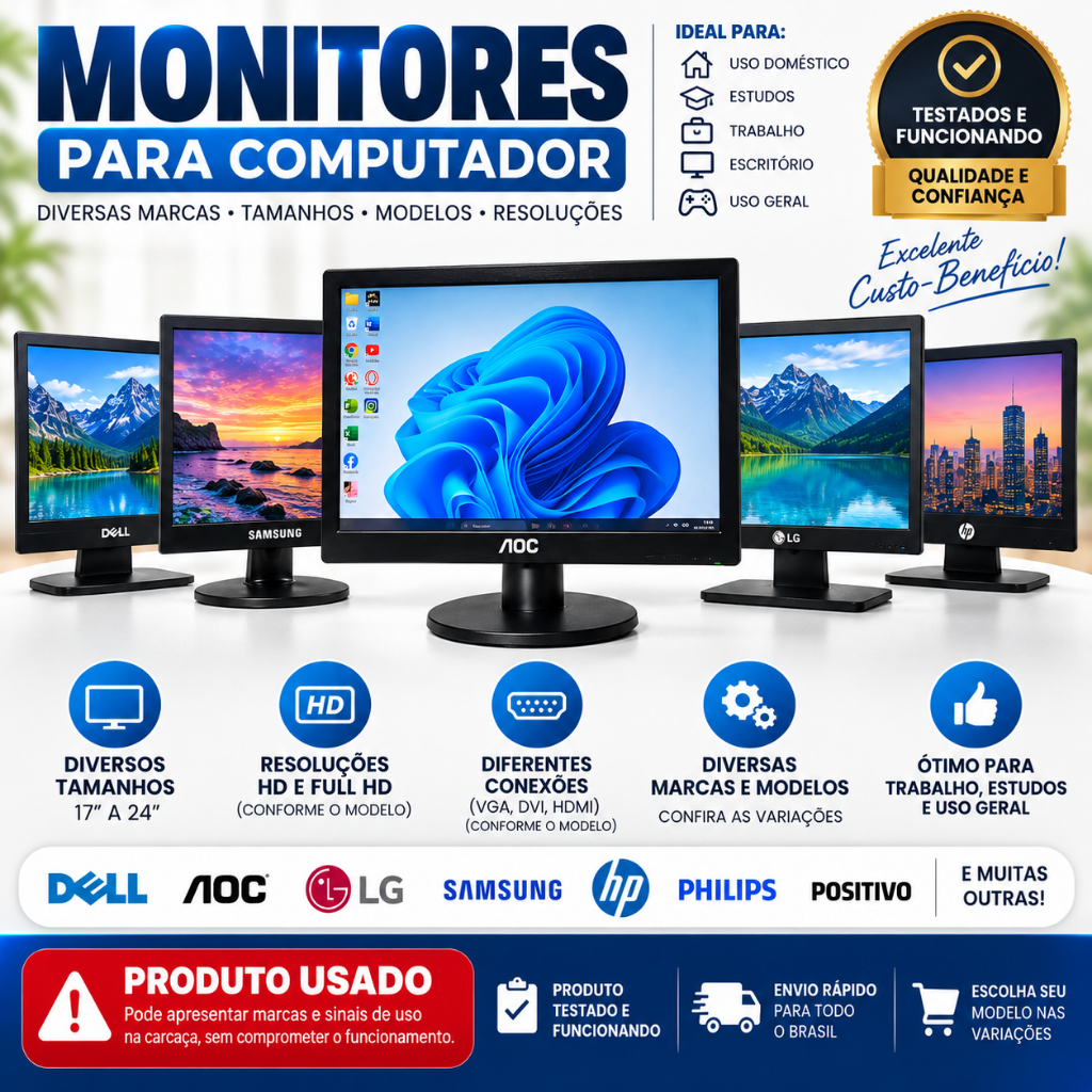 Monitor para PC Computador LED LCD Diversas Marcas e Tamanhos | Revisado e Testado