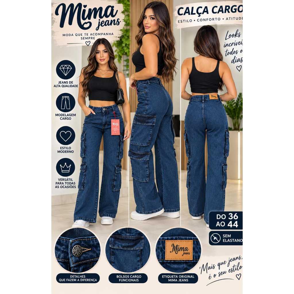 Calça Cargo Jeans Feminina Mima Jeans ✨