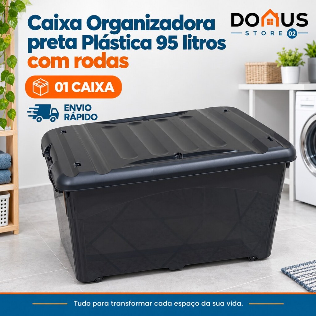 Caixa Organizadora Preta Plástica 95L com Rodas | kit com 1, 2 ou 3 Unidades