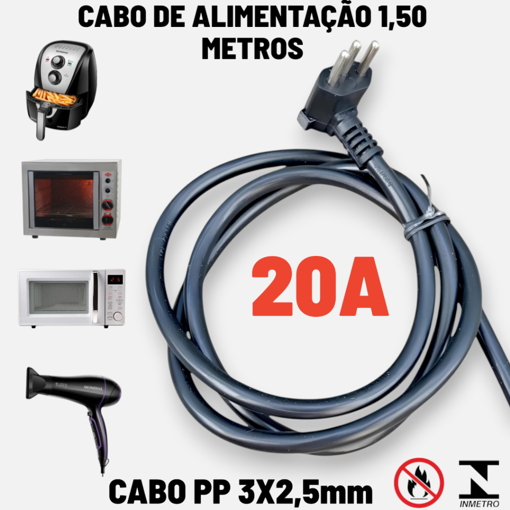 Cabo de Força 20A com 150cm 2,5mm Tripolar Pino Grosso para Micro-ondas Air Fryer Secador 110V 220V