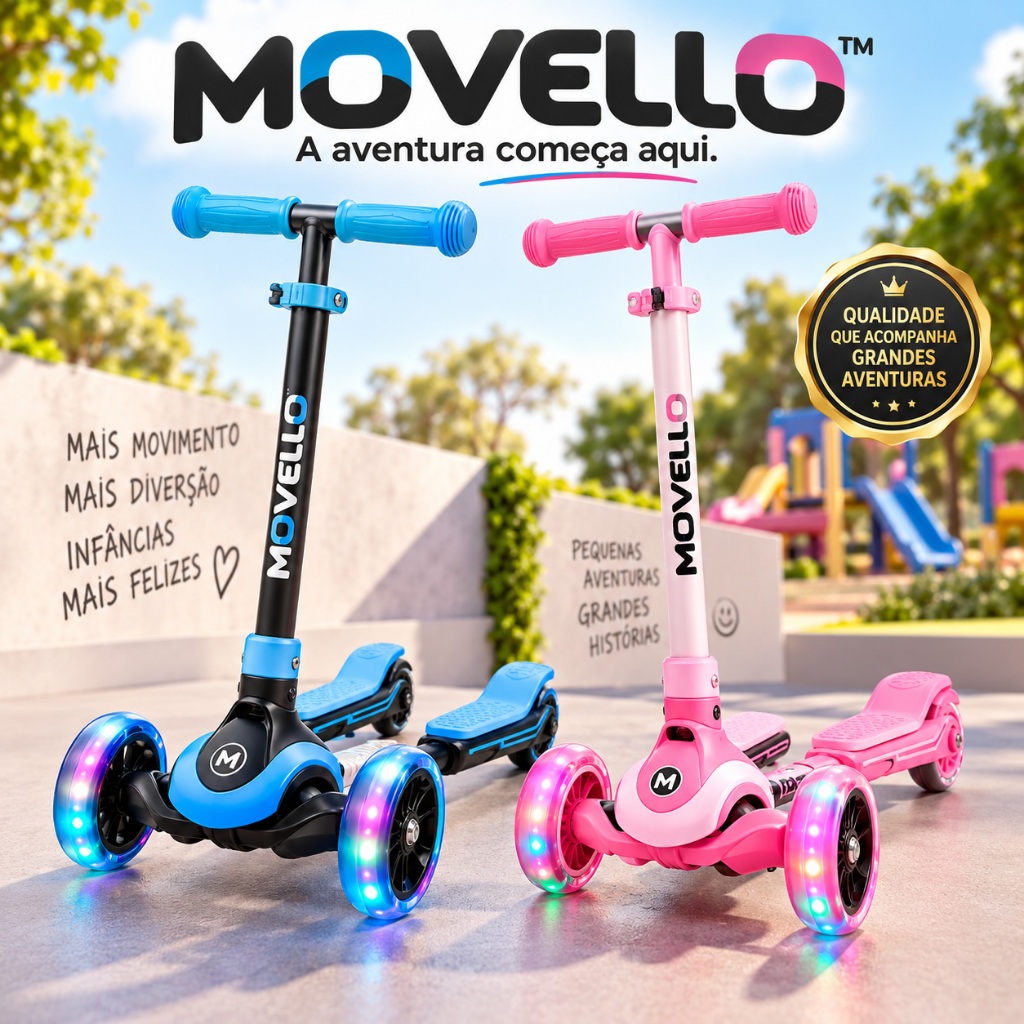 Patinete Infantil Movello Brinquedo para Criança 3 Rodas com LED Dobrável Guidão Ajustável Seguro Compacto Azul e Rosa