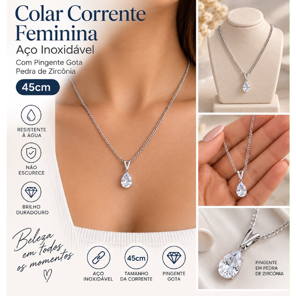 Colar Corrente Feminina Aço Inoxidável Com Pingente Gota Pedra de Zircônia