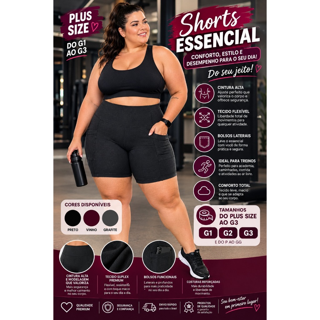 Short bermuda  Plus Size Feminino Cintura Alta G1 G2 G3 com Bolsos na lateral zero transparencia  para Academia