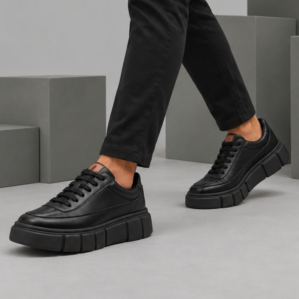 Tênis Masculino Preto Plataforma Tratorada Casual Confortável Visual Moderno Para Todas Ocasiões
