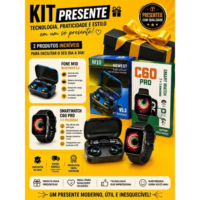 🎁 kit Presente - ⌚️Smartwatch Relógio Inteligente - 🎧 Fone Bluetooth Controle Touch Case Recarregável Com Display LED