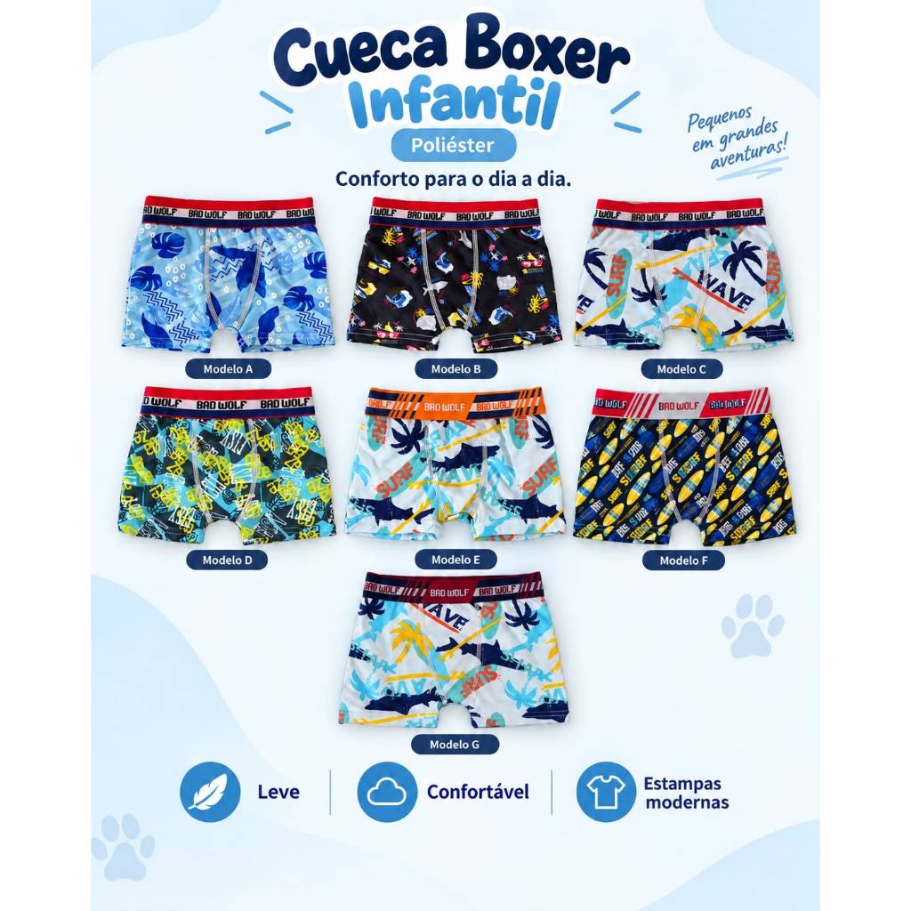 Kit Cuecas Boxer Infantil Microfibra Lisa e Estampado - 1,2,3 ou 5 unidades.