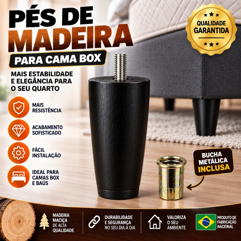 Kit Pés de Madeira Preto para Cama Box + Buchas Metálicas Rosca 5/16 20mm Várias Quantidades