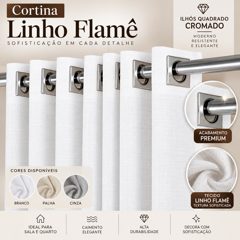 Cortina Voil Flame Linho Para Pia 1,40m x 0,80cm Com Ilhós Folha única
