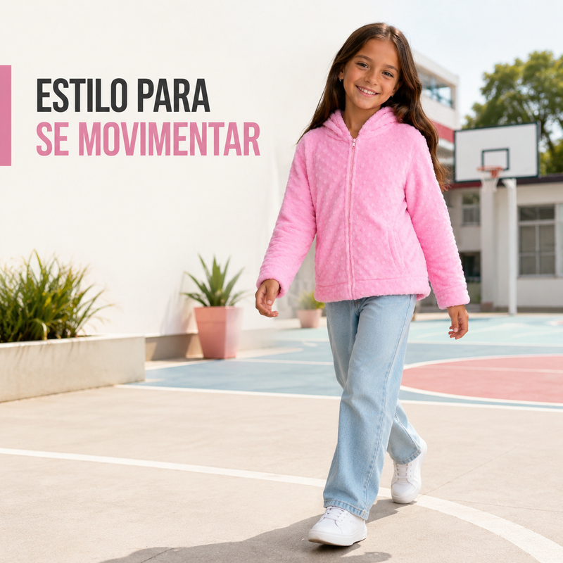 Blusa Infantil Feminina Peluciada com Capuz e Zíper Rosa Inverno Quentinha Confortável Moda Infantil Tendência