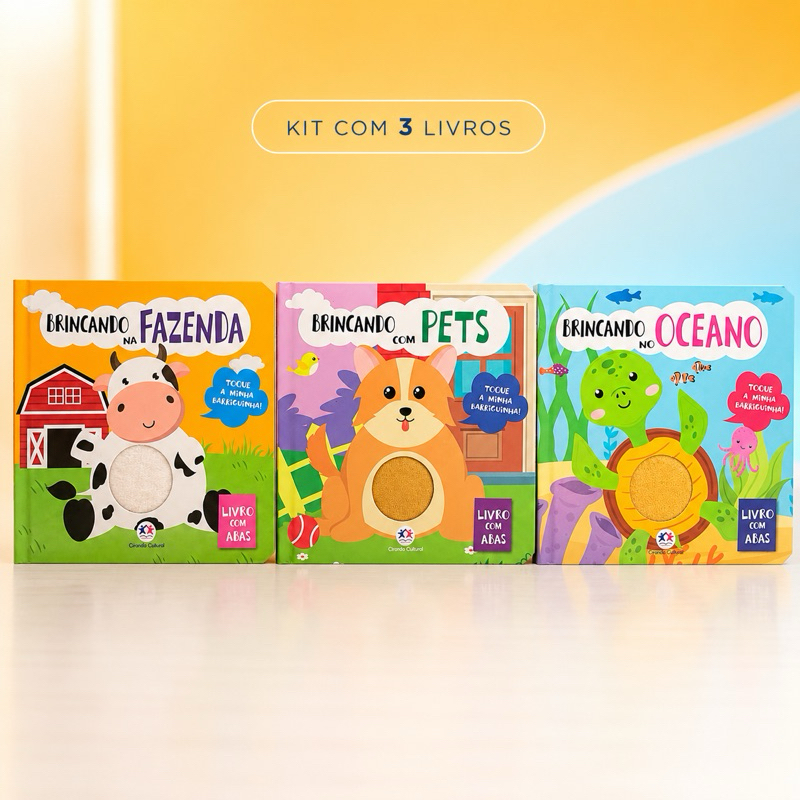 Kit 3 Livros Sensoriais Infantis e Interativos com Abas Fazenda Pets e Oceano