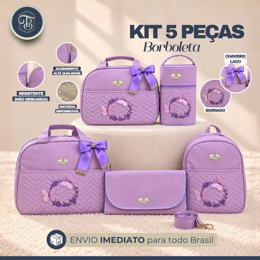 Kit Bolsa Maternidade 5 Peças Borboleta (Lilás)