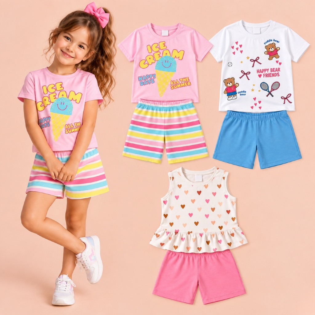 Kit 4 Peças (2 Blusas + 2 Shorts) Conjunto Infantil Feminino Algodão Menina Verão Tam 2 ao 12 Short Ciclista Dia a Dia