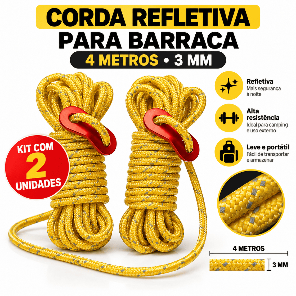 Corda Refletiva Para Barraca 4m 3mm Nylon Camping Kit 2 Unidades