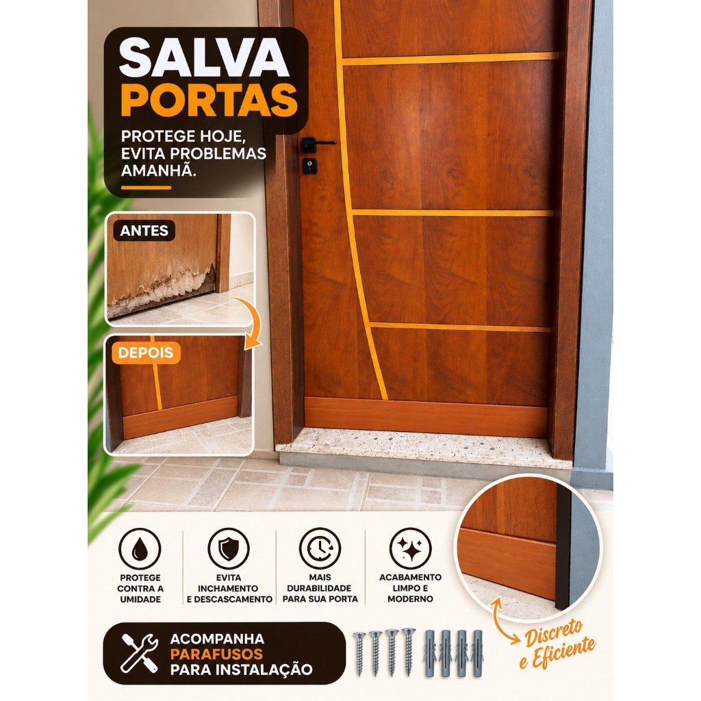 Protetor Salva Porta 3,5cm x 10cm Madeira/Branco/Preto/Galvanizado Não Enferruja