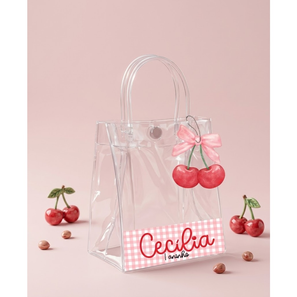Adesivo para sacolinha transparente CEREJA + tag com correntinha