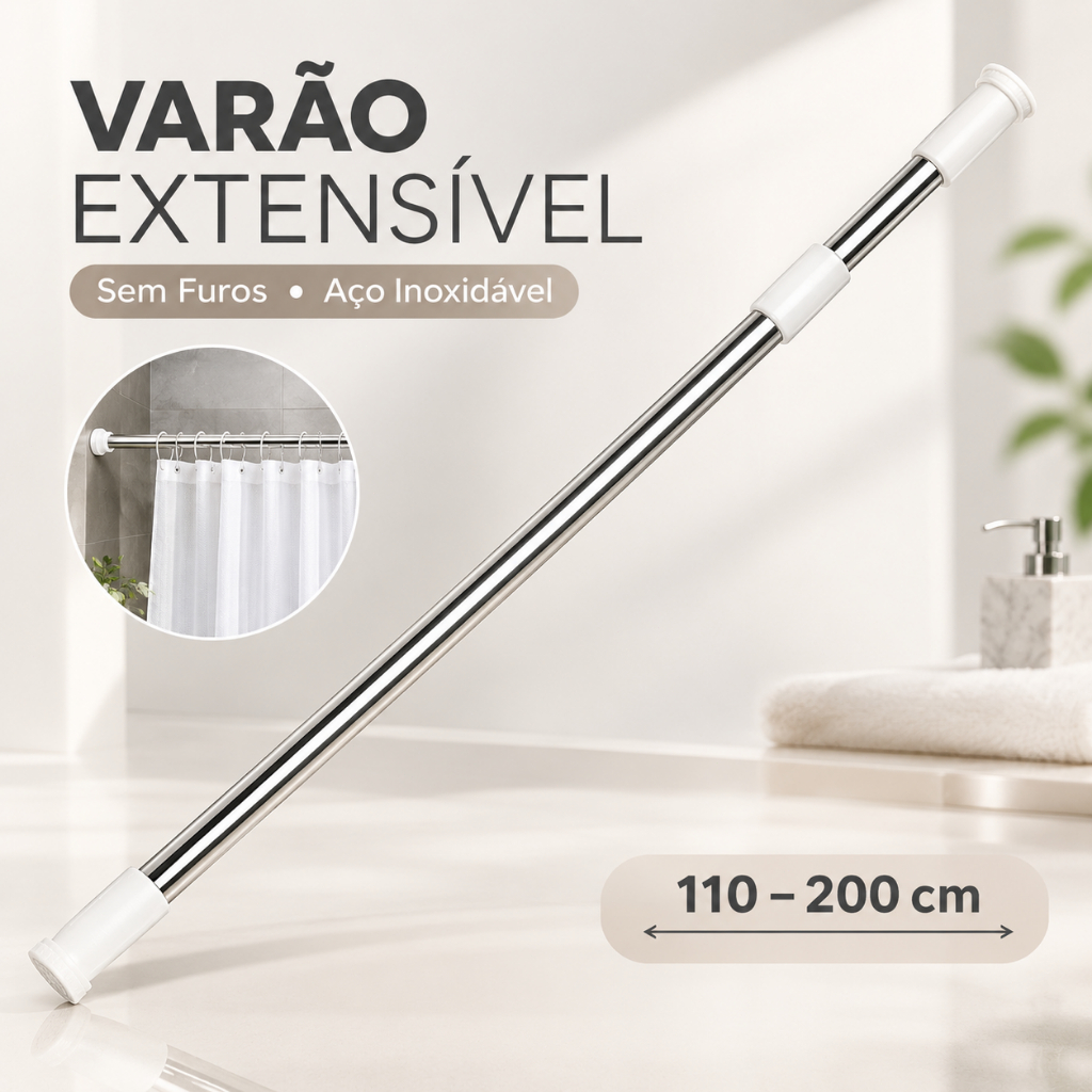 Varão Extensível 110-200cm Sem Furos Aço Inoxidável Para Box Cortina Guarda-Roupa Divisória
