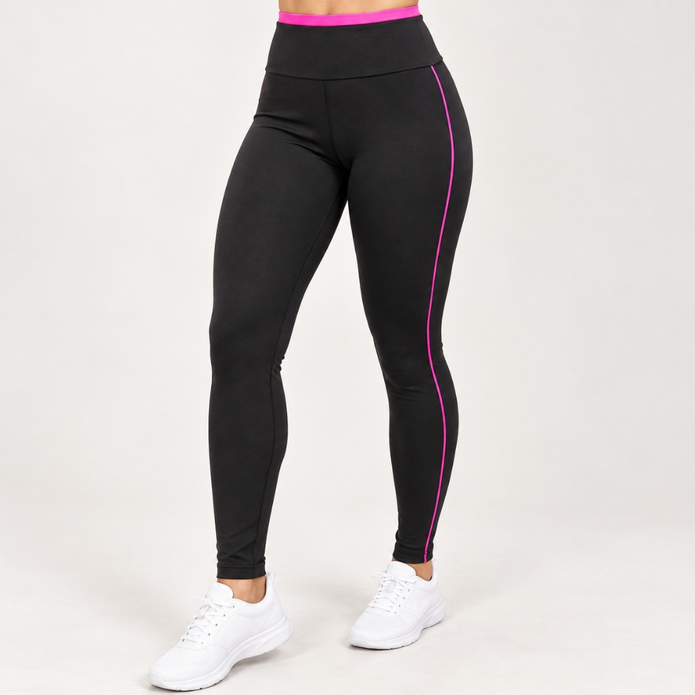 Calça Legging Feminina Preta Cintura Alta com Detalhe Lateral Colorido Academia Fitness