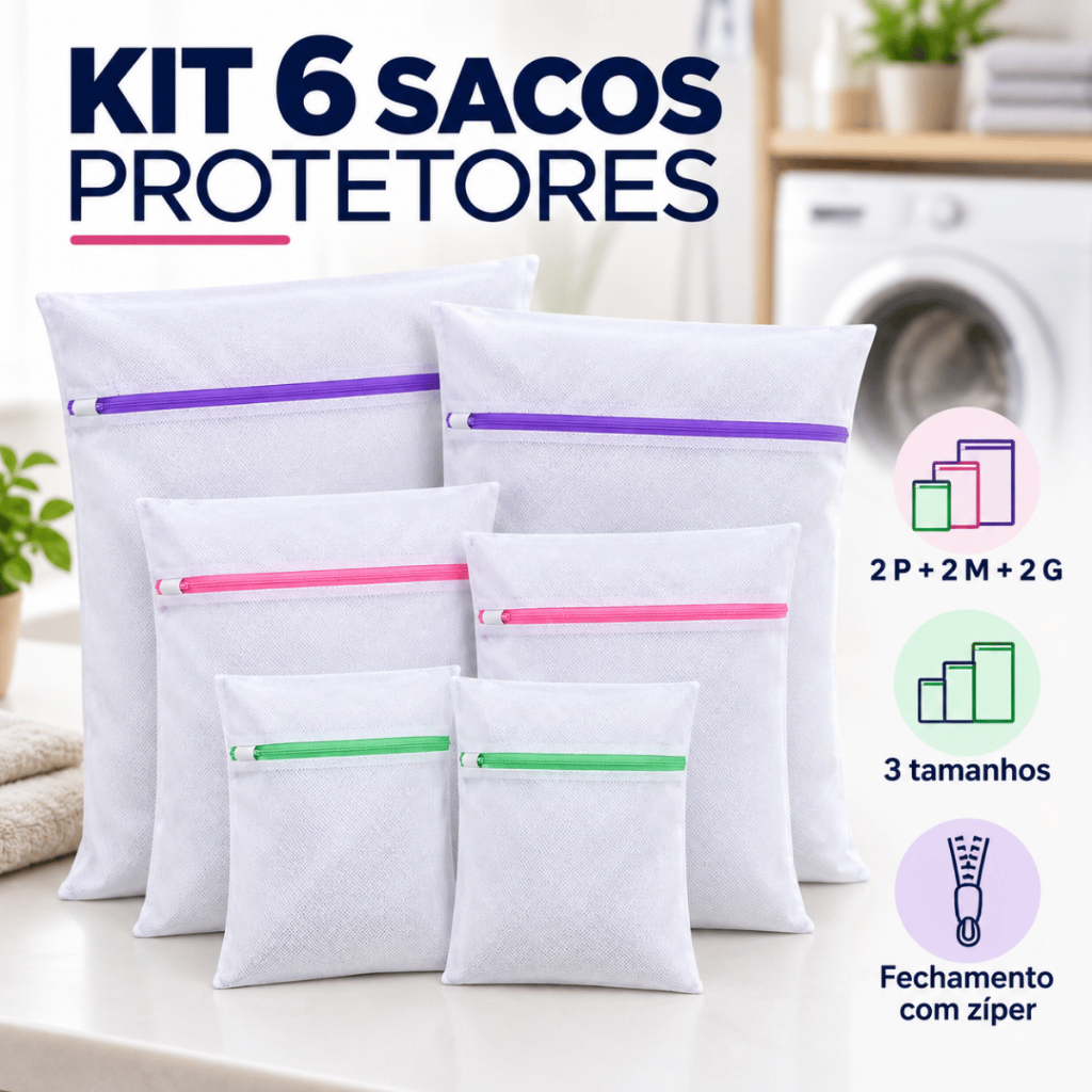 Kit 6 Sacos Para Lavar Roupas Delicadas Máquina Com Zíper Protetor Lingerie P M G Saquinhos