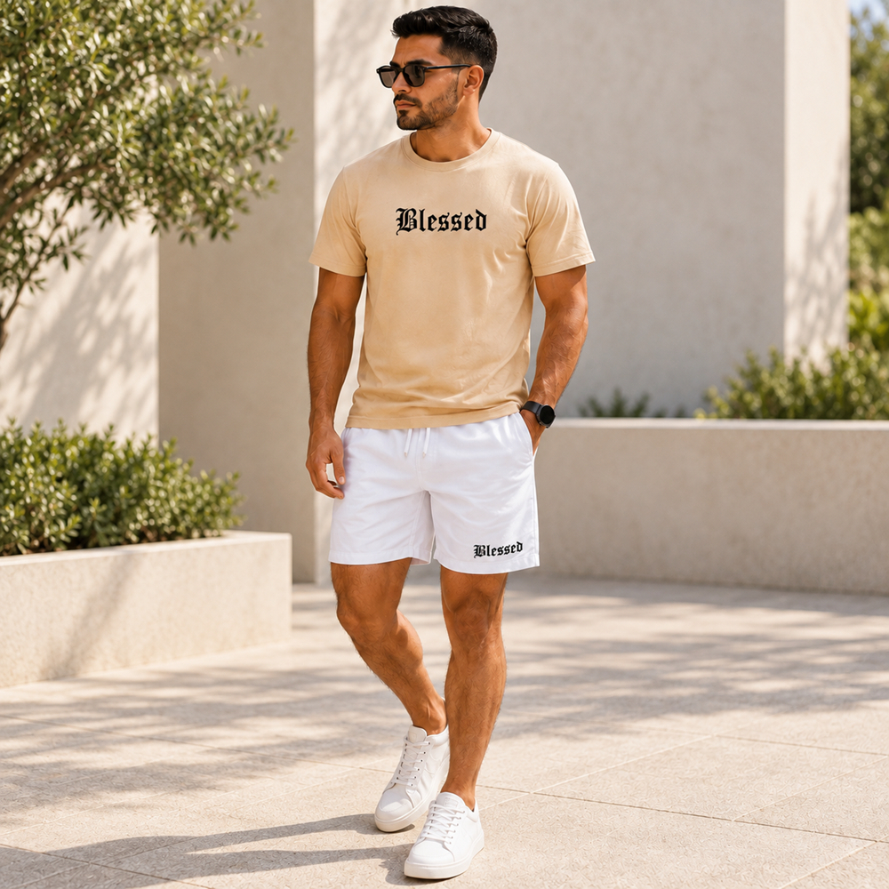 Kit Camiseta Algodão 100% Masculina Básica Unissex + Short Tactel Praia Academia Casual Blessed