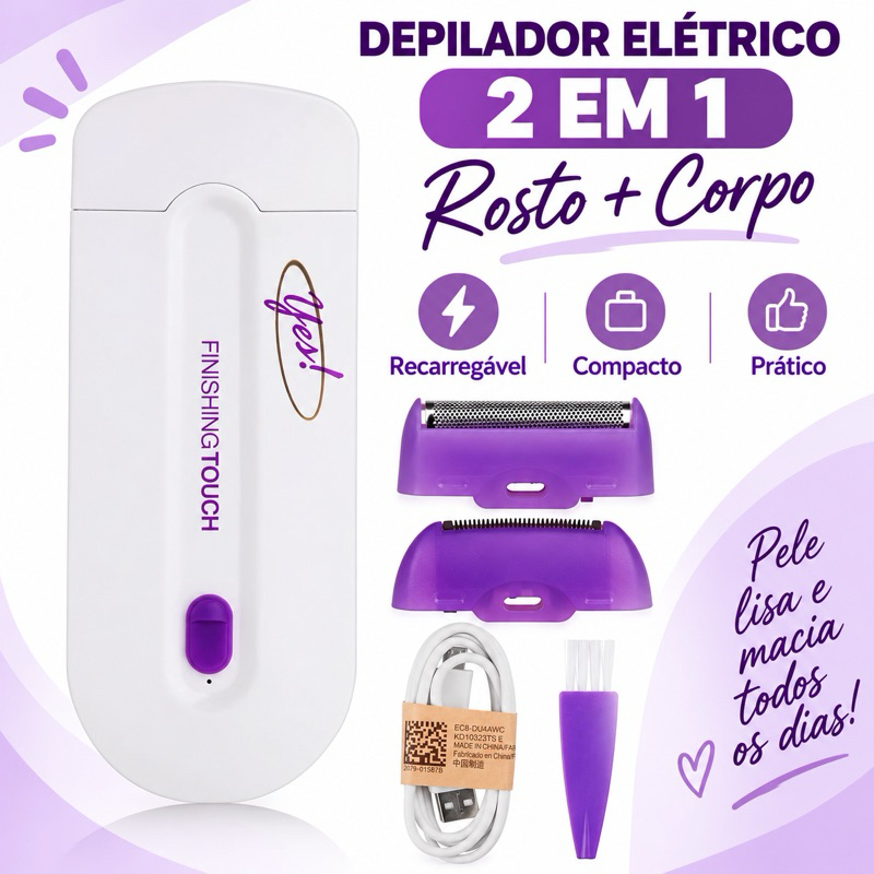 Depilador Elétrico Feminino Recarregável 2 em 1 Removedor de Pelos Rosto e Corpo Bivolt Roxo e Branco