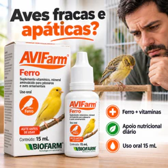 AviFarm Ferro Biofarm 15ml Suplemento Vitamínico Mineral e Aminoácido para Pássaros Aves Ornamentais Canário Calopsita
