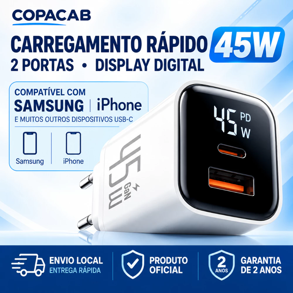 Carregador 45W PD com Display Digital USB-C + USB-A Carregamento Super Rápido para iPhone 11 12 13 14 15 16 17 Pro max