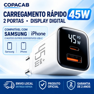 Carregador 45W PD com Display Digital USB-C + USB-A Carregamento Super Rápido para iPhone 11 12 13 14 15 16 17 Pro max