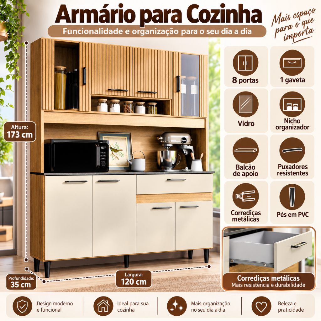Armario de Cozinha Compacto 120cm Balcão e Aéreo Ripado 3D 8 Portas e Gaveta Grande Com Detalhe em Vidro Completo Coral · foto 2