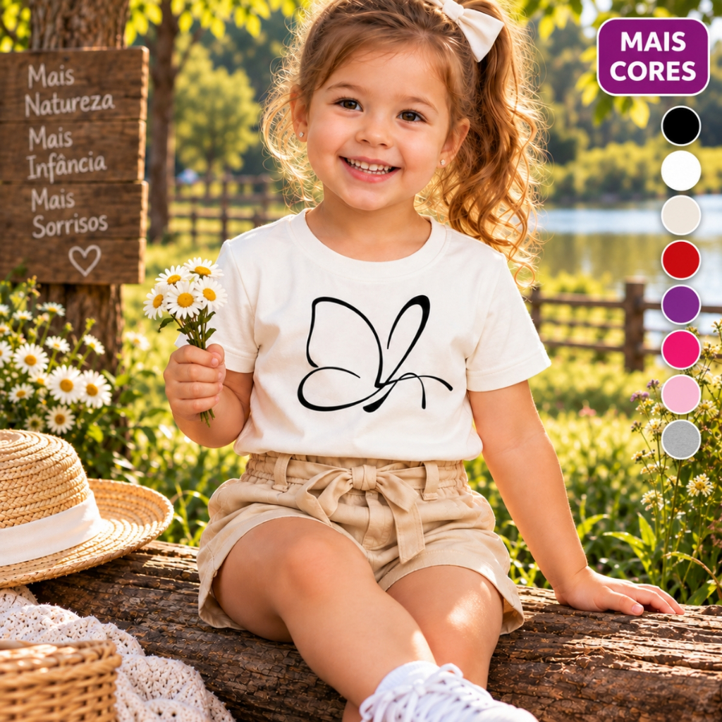 Camiseta Blusinha Borboleta T-shirt Infantil Bebe Menina Criança Adolescente 2 ao 16 anos Algodão