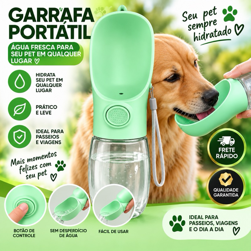 Garrafa Bebedouro Portátil Pet com Trava Antivazamento para Cachorro Gato Passeio Viagem COR: VERDE