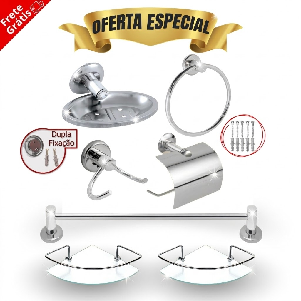 Kit 5 Peças Inox + 2 Porta Shampoo Cantoneira Vidro Box
