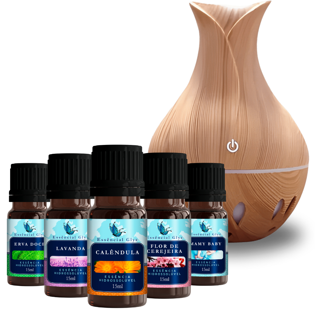 Kit Umidificador USB + 5 Essências Hidrossolúveis Aromáticas Relaxantes para Ambiente Perfeito e Aconchegante 15ml