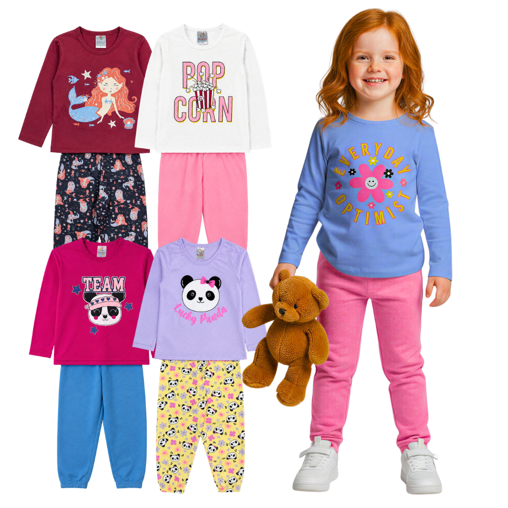Kit 4 Peças Infantil Menina Manga Longa Calça + Blusa Meia Estação Roupa Feminina 2 Conjuntos