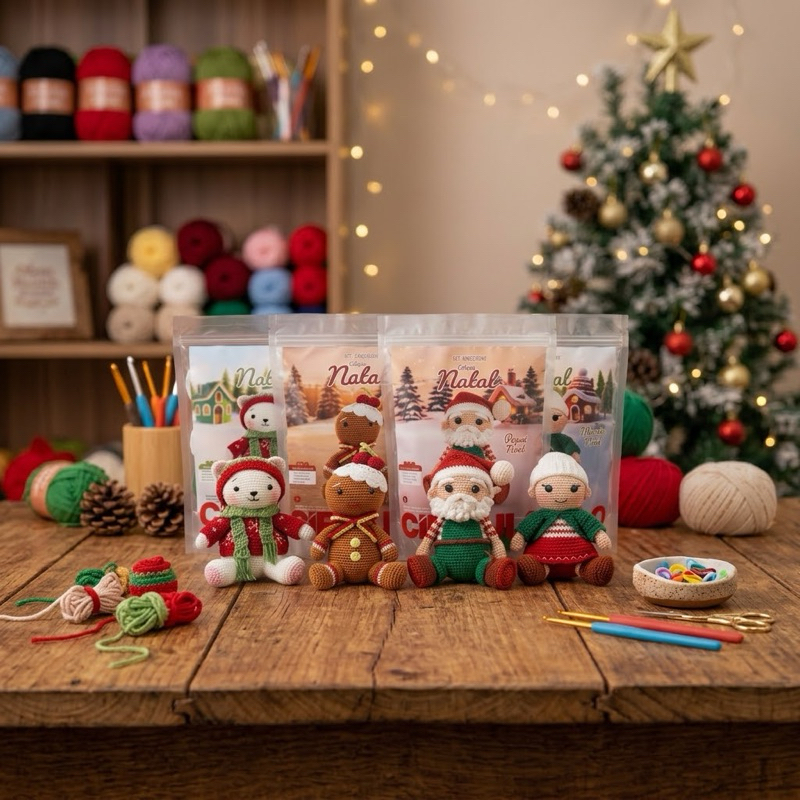 Kit Amigurumi Natal Círculo Completo - Papai Noel, Mamãe Noel, Biscoito ou Urso